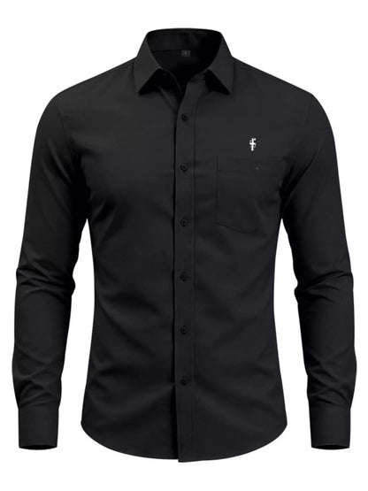 Pink men's full-size slim fit button-up shirt by Trendsi, featuring a classic collar and long sleeves, styled for plus size.