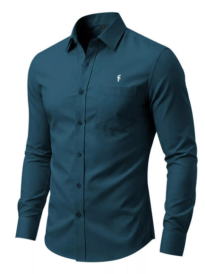 Pink men's full-size slim fit button-up shirt by Trendsi, featuring a classic collar and long sleeves, suitable for casual or formal wear.