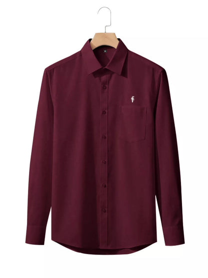 Pink men's slim fit full-size button-up shirt by Trendsi, featuring a classic collar and long sleeves, ideal for casual or business wear.