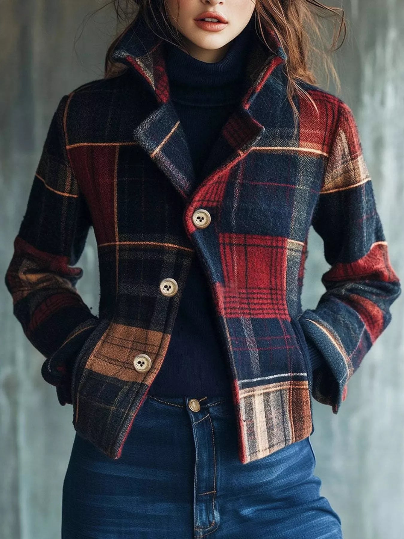 Trendsi plaid button-up blazer featuring a classic checkered pattern, tailored fit, and stylish collar for a versatile look.
