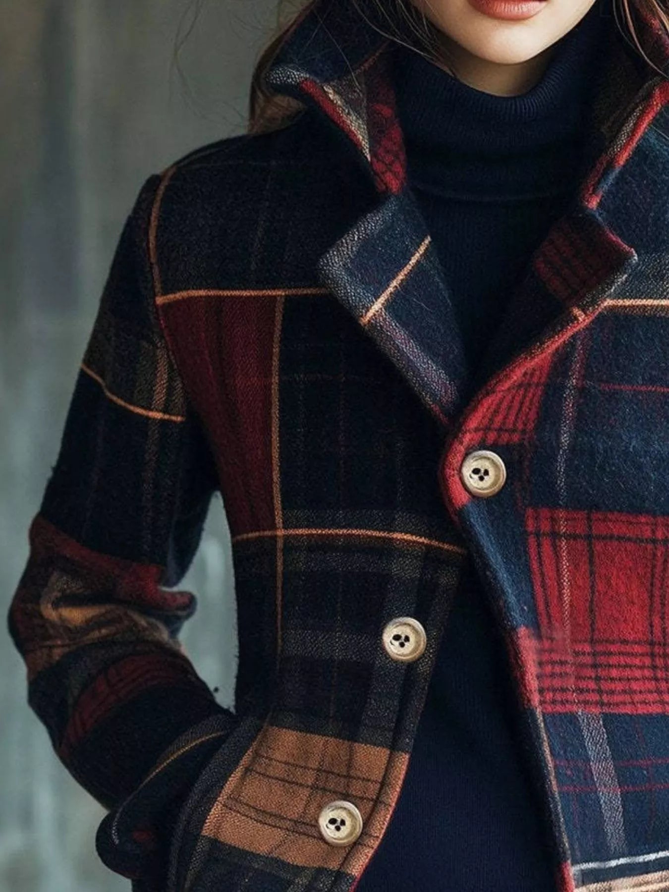 Trendsi plaid button-up blazer in red and black with classic collar and long sleeves, styled for a chic, casual look.