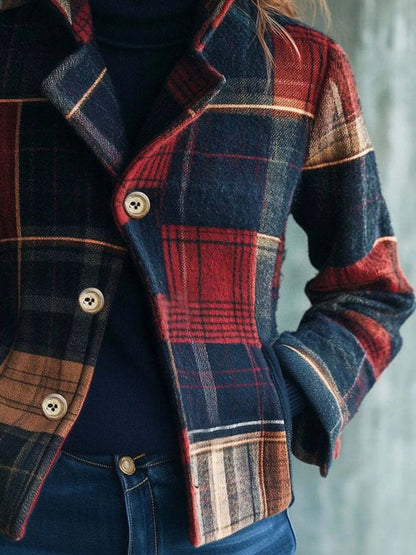Trendsi plaid button-up blazer in navy and red with a classic tailored fit and front button closure.