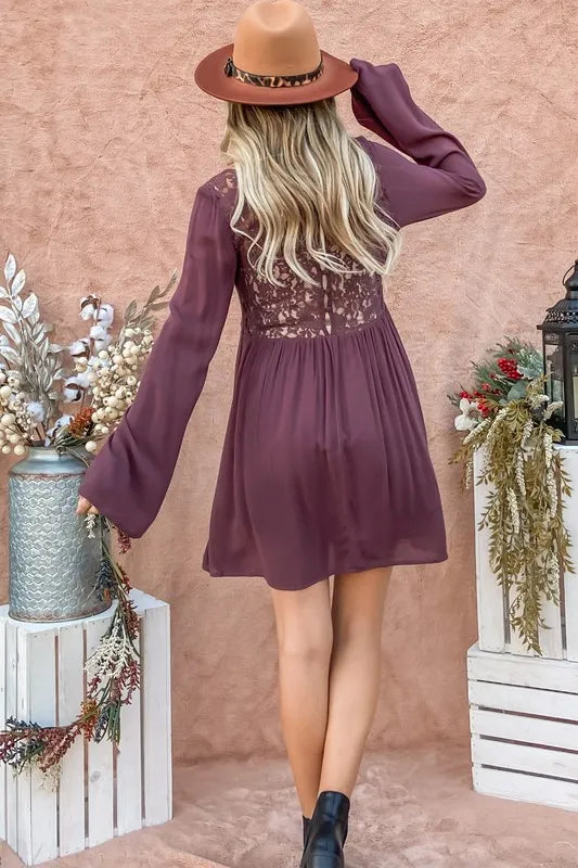 And The Why Back Lace Button Down Detail Bell Sleeve Dress - Redemption By Ashley North