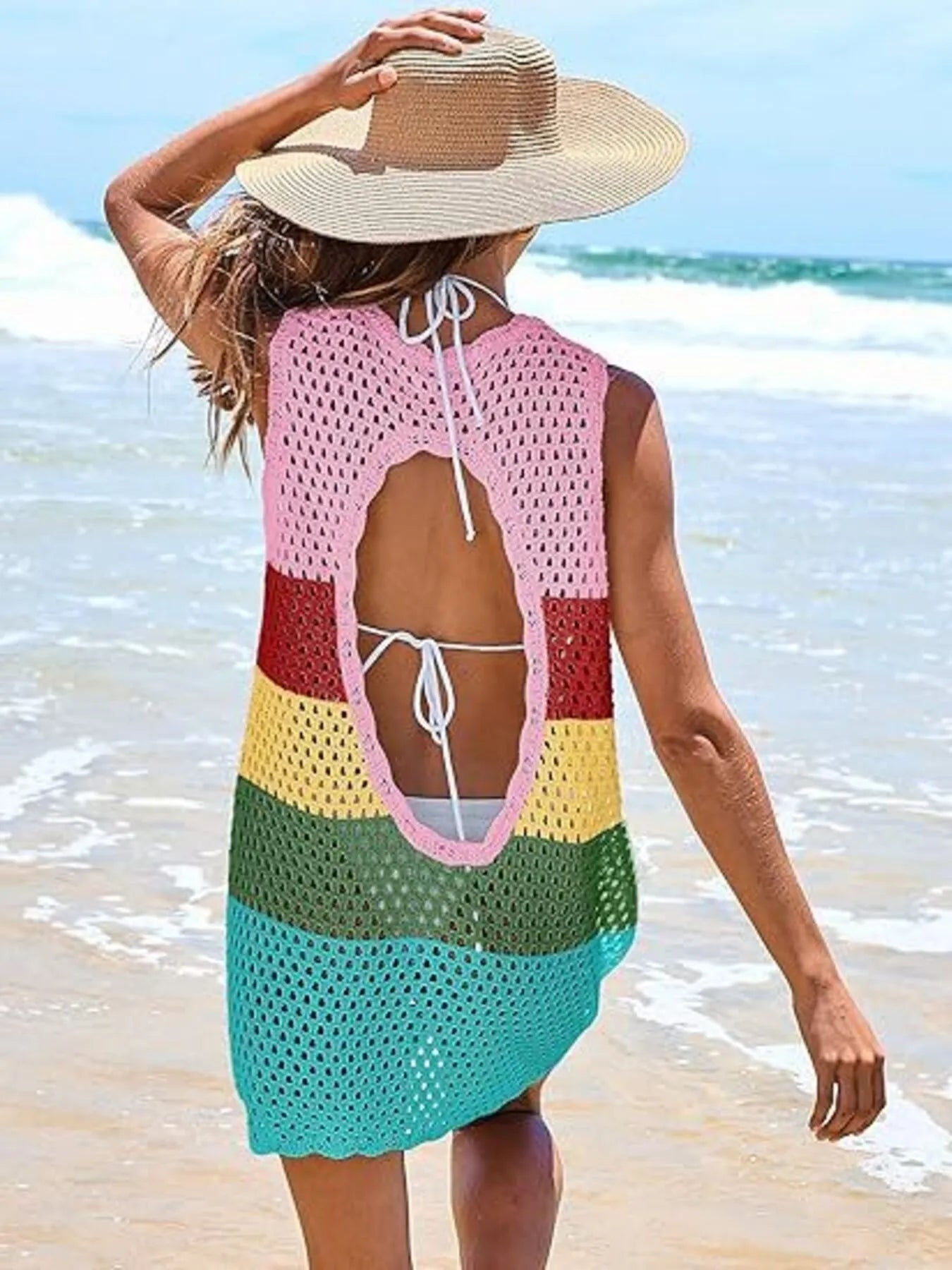 Color Block Openwork Sleeveless Cutout Back Cover-Up - Redemption By Ashley North
