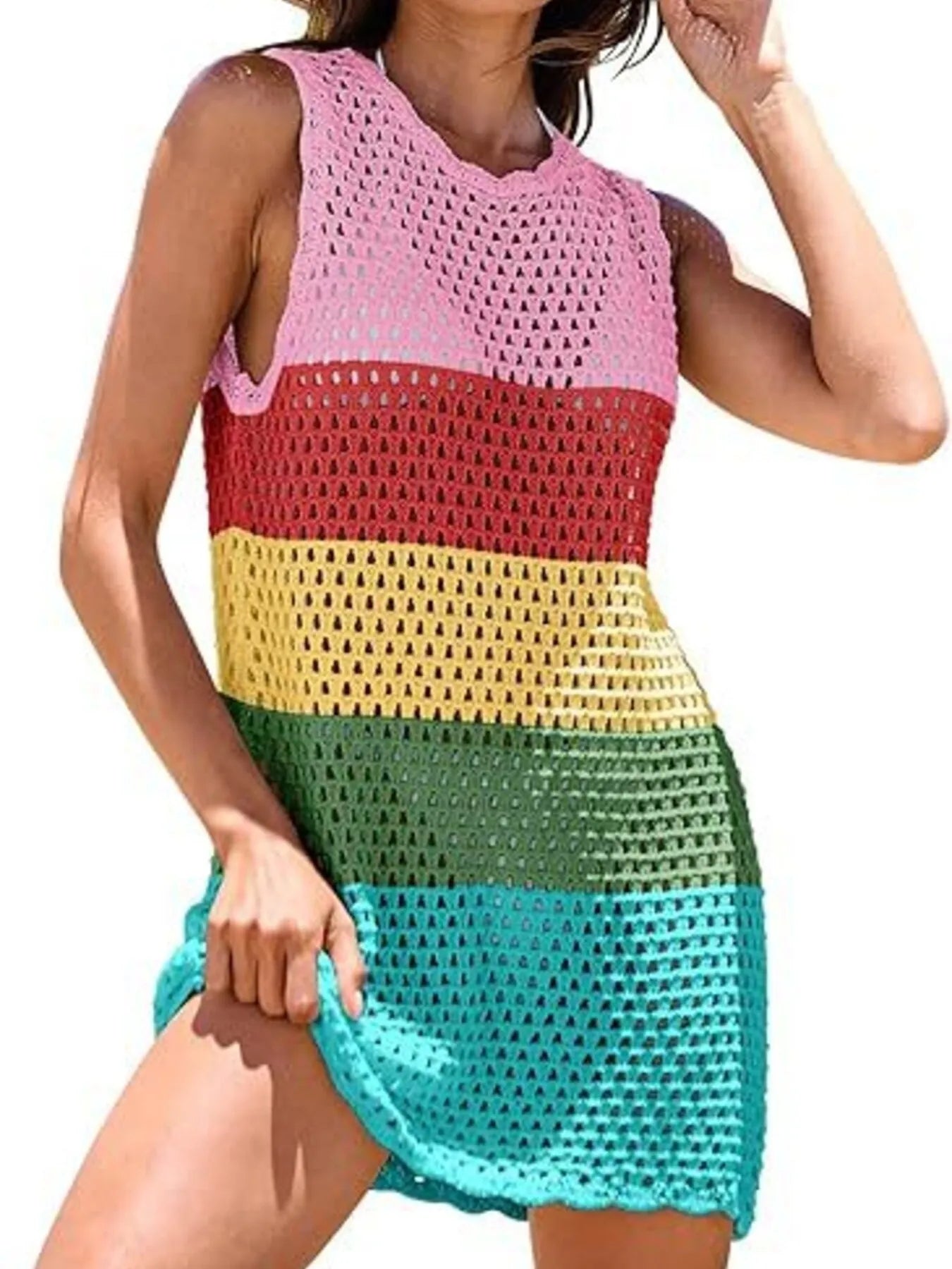 Color Block Openwork Sleeveless Cutout Back Cover-Up - Redemption By Ashley North