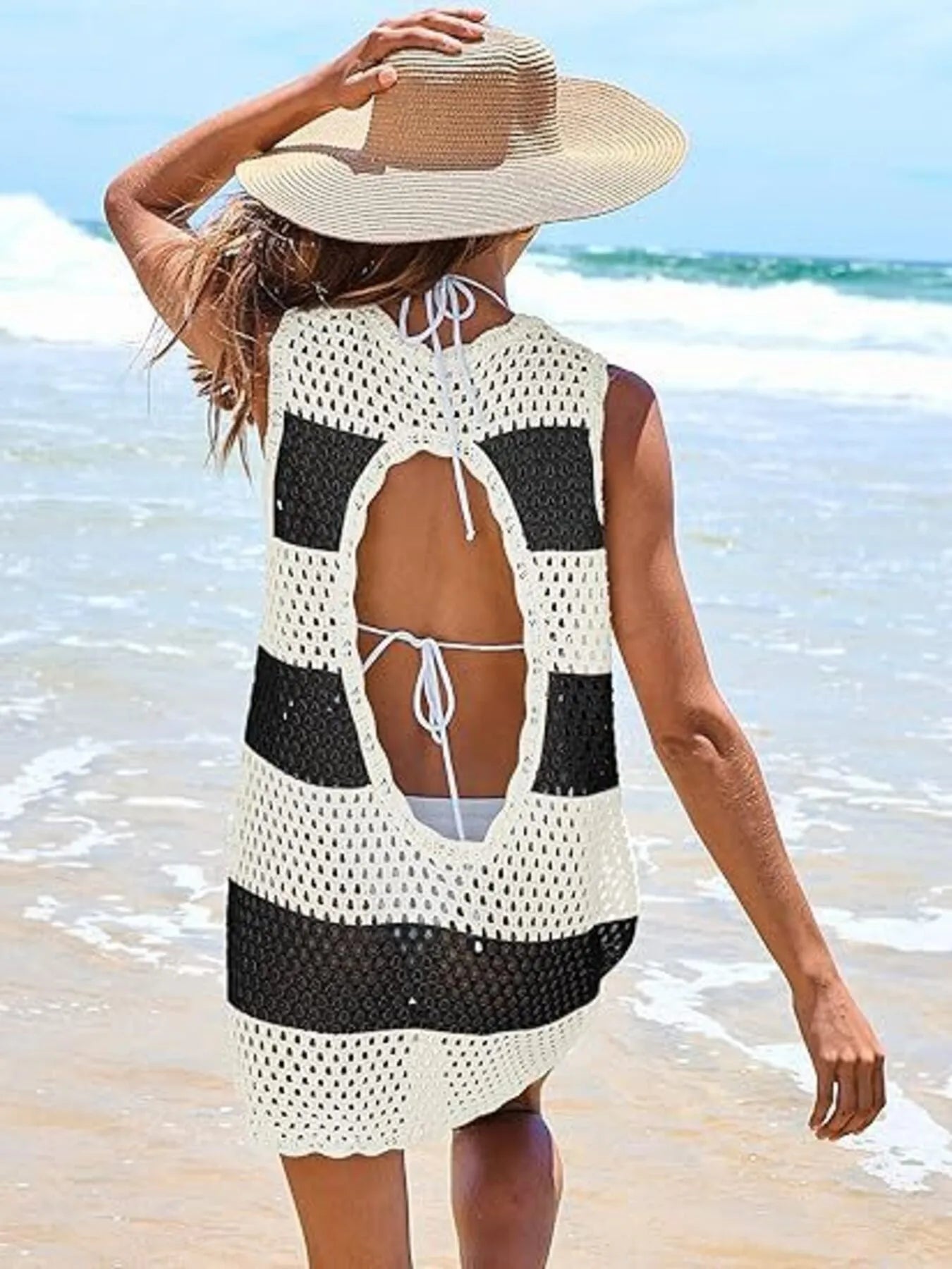 Color Block Openwork Sleeveless Cutout Back Cover-Up - Redemption By Ashley North