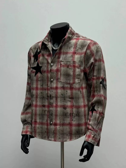 Men's red star plaid button-up shirt by Trendsi, featuring long sleeves and a classic collar, perfect for casual wear.