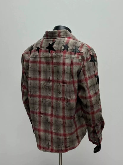 Men's red star plaid button-up shirt by Trendsi, shown in a close-up image highlighting the pattern and fabric texture.