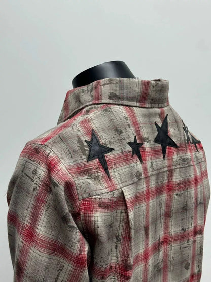 Men's red star plaid button-up shirt from Trendsi featuring a classic collar and long sleeves.