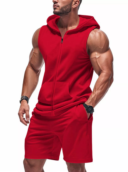Plus size men's red sleeveless hoodie and shorts set by Trendsi, featuring a full zip-up hoodie and matching shorts.