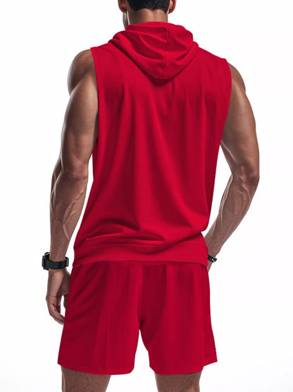 Men's plus size red sleeveless hoodie and shorts set by Trendsi, full zip-up design, casual athletic wear.