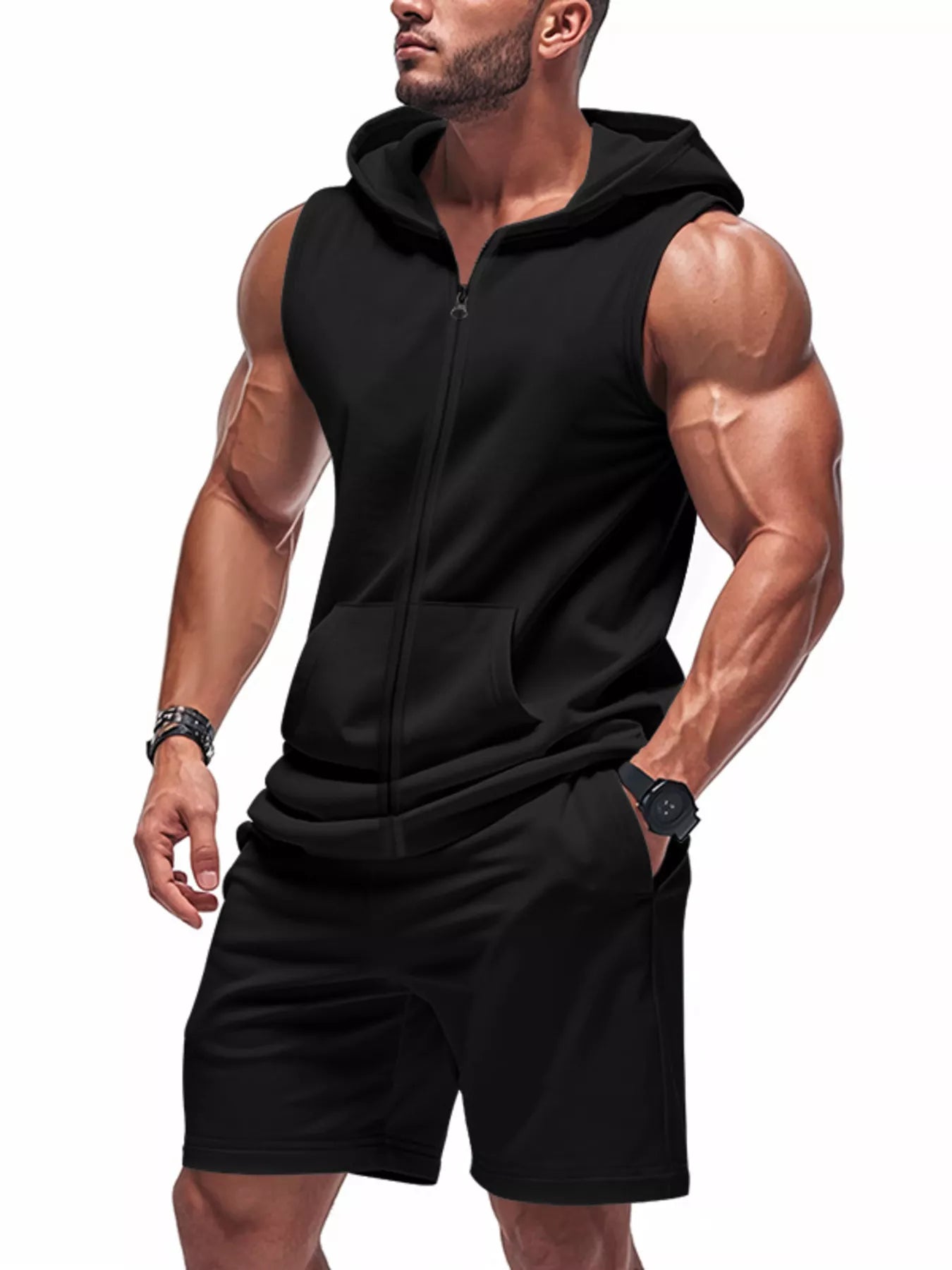 Plus size men's red sleeveless hoodie and shorts set by Trendsi, featuring a zip-up hoodie and matching shorts.