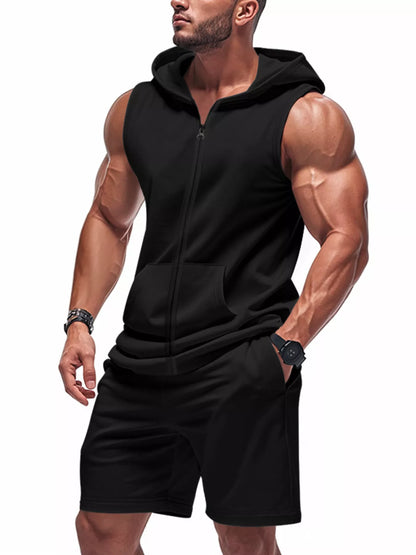 Plus size men's red sleeveless hoodie and shorts set by Trendsi, featuring a zip-up hoodie and matching shorts.