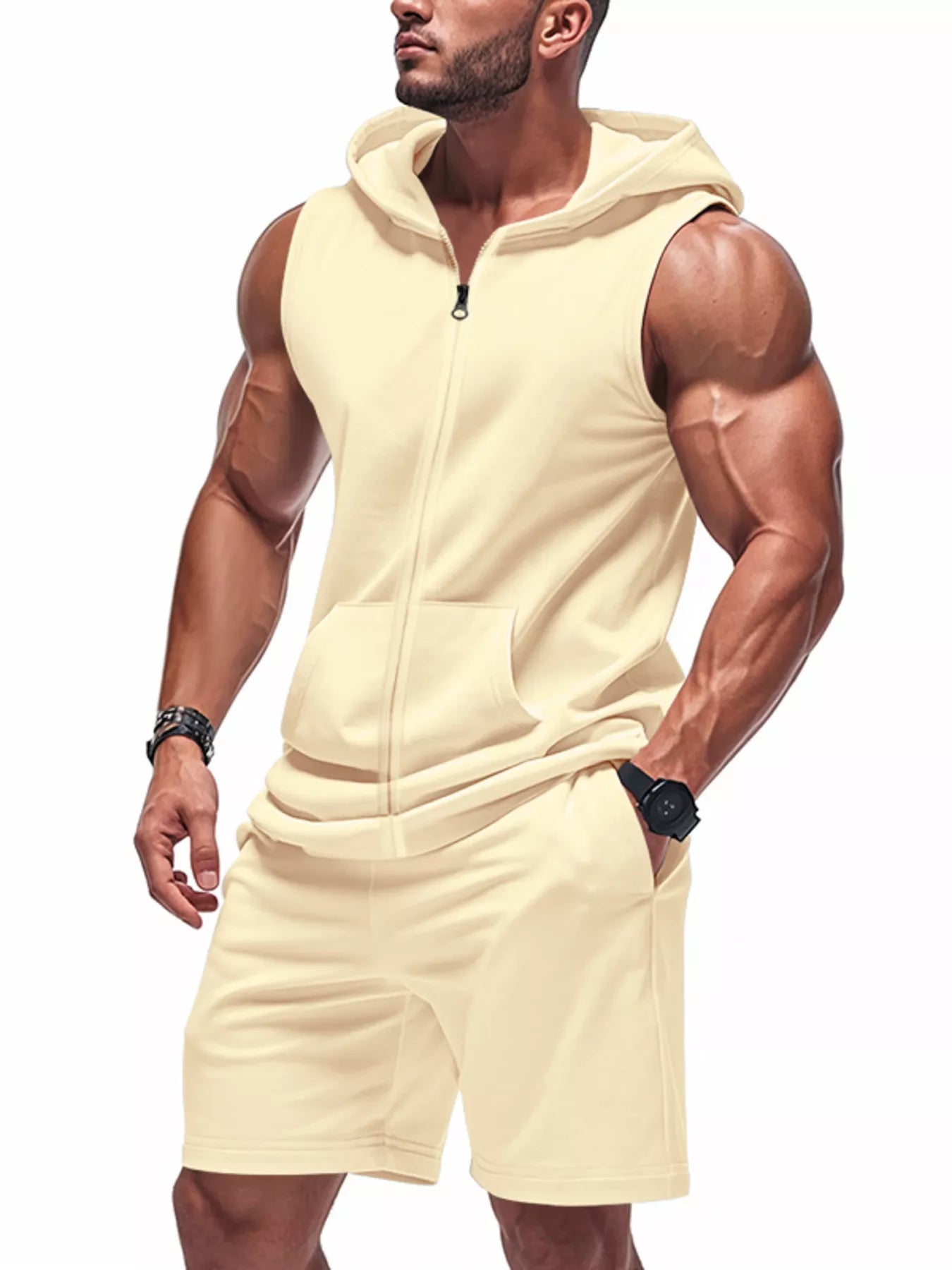 Men's red plus size sleeveless hoodie and shorts set by Trendsi, featuring a full zip-up hoodie and matching shorts.
