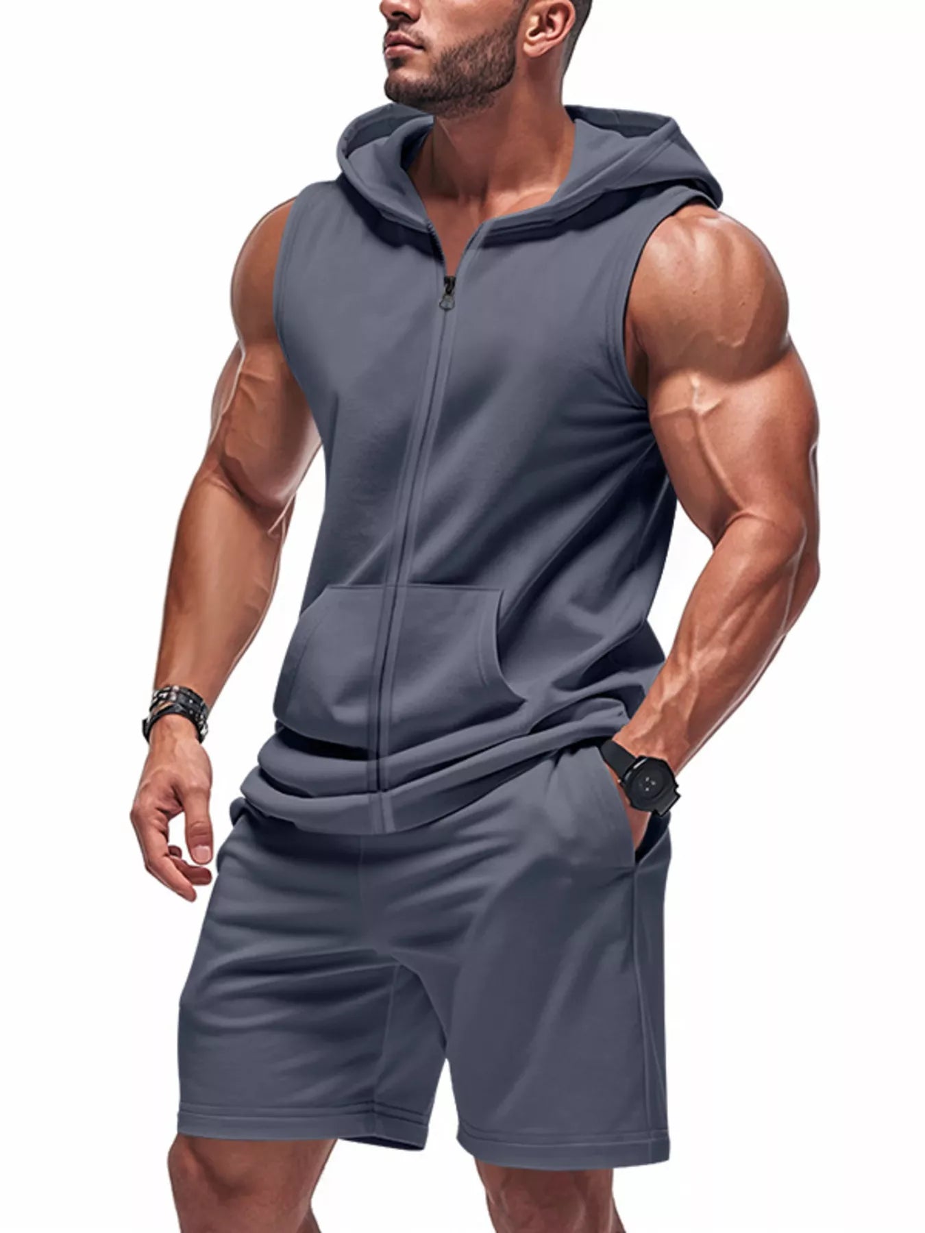 Plus size men's red sleeveless hoodie and shorts set by Trendsi, featuring a full-zip hoodie and matching shorts.
