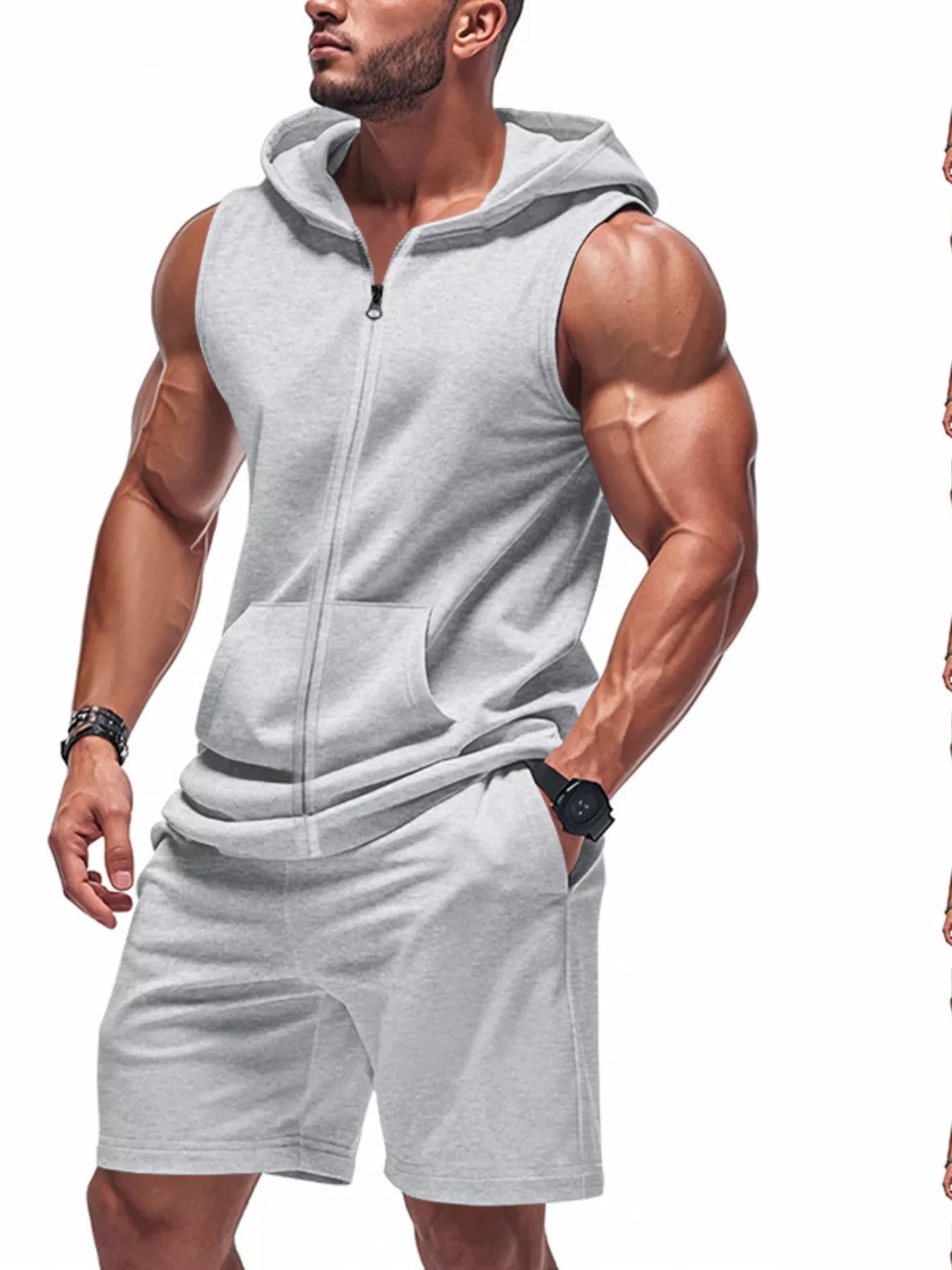 Men's red plus size sleeveless hoodie and shorts set from Trendsi, featuring a full zip-up hoodie and matching shorts.