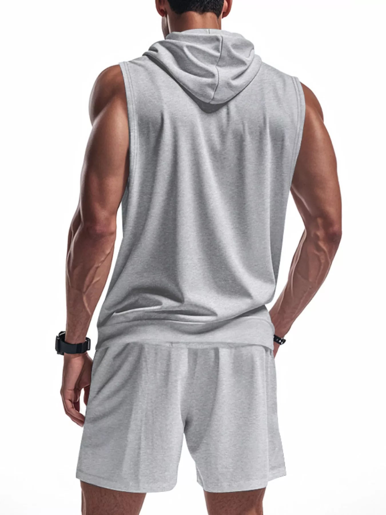 Plus size men's red sleeveless zip-up hoodie and shorts set by Trendsi, casual athletic style, front view.