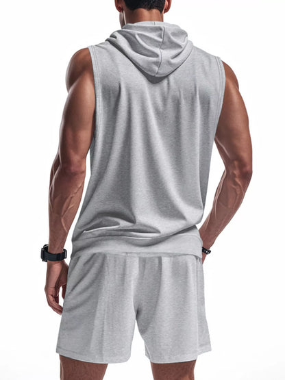 Plus size men's red sleeveless zip-up hoodie and shorts set by Trendsi, casual athletic style, front view.