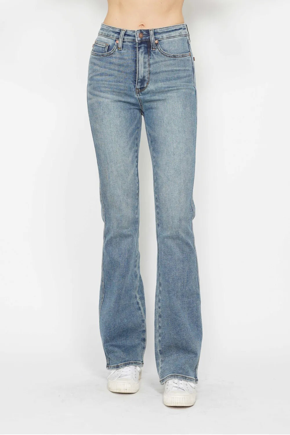 Plus size Judy Blue bootcut jeans with tummy control, embroidered back pockets, and classic pocket design, full length, trendy denim.
