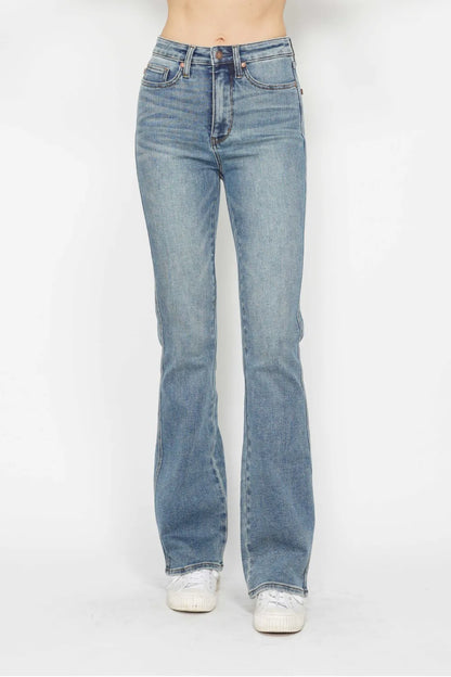 Plus size Judy Blue bootcut jeans with tummy control, embroidered back pockets, and classic pocket design, full length, trendy denim.