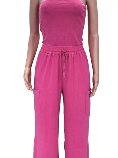 Rose-red drawstring strapless wide-leg jumpsuit by Trendsi, featuring a relaxed fit and stylish design.