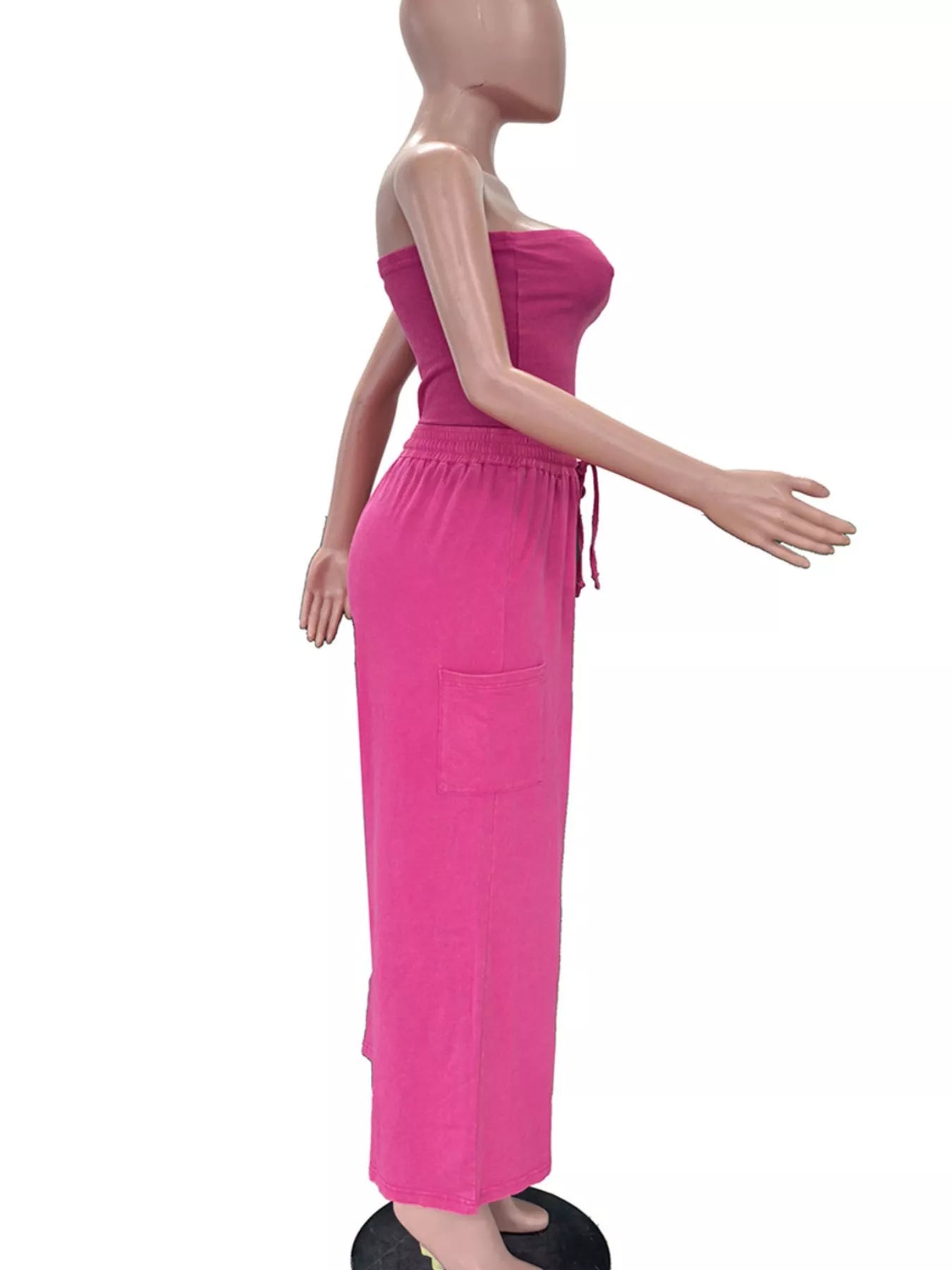 Rose-red drawstring strapless wide-leg jumpsuit by Trendsi, featuring a relaxed fit and stylish design.