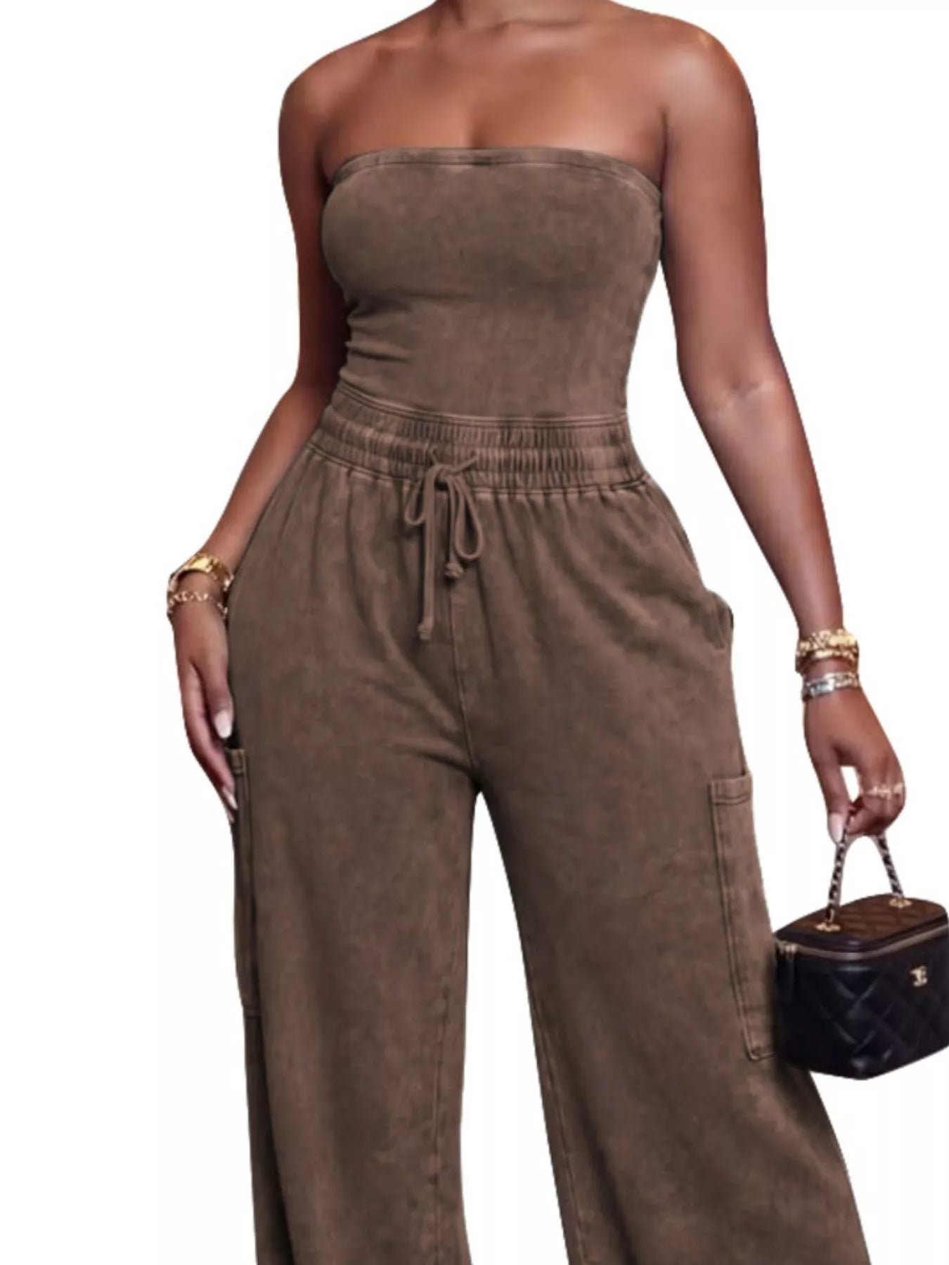 Rose-red drawstring strapless wide-leg jumpsuit from Trendsi, featuring a relaxed fit and flowing silhouette.