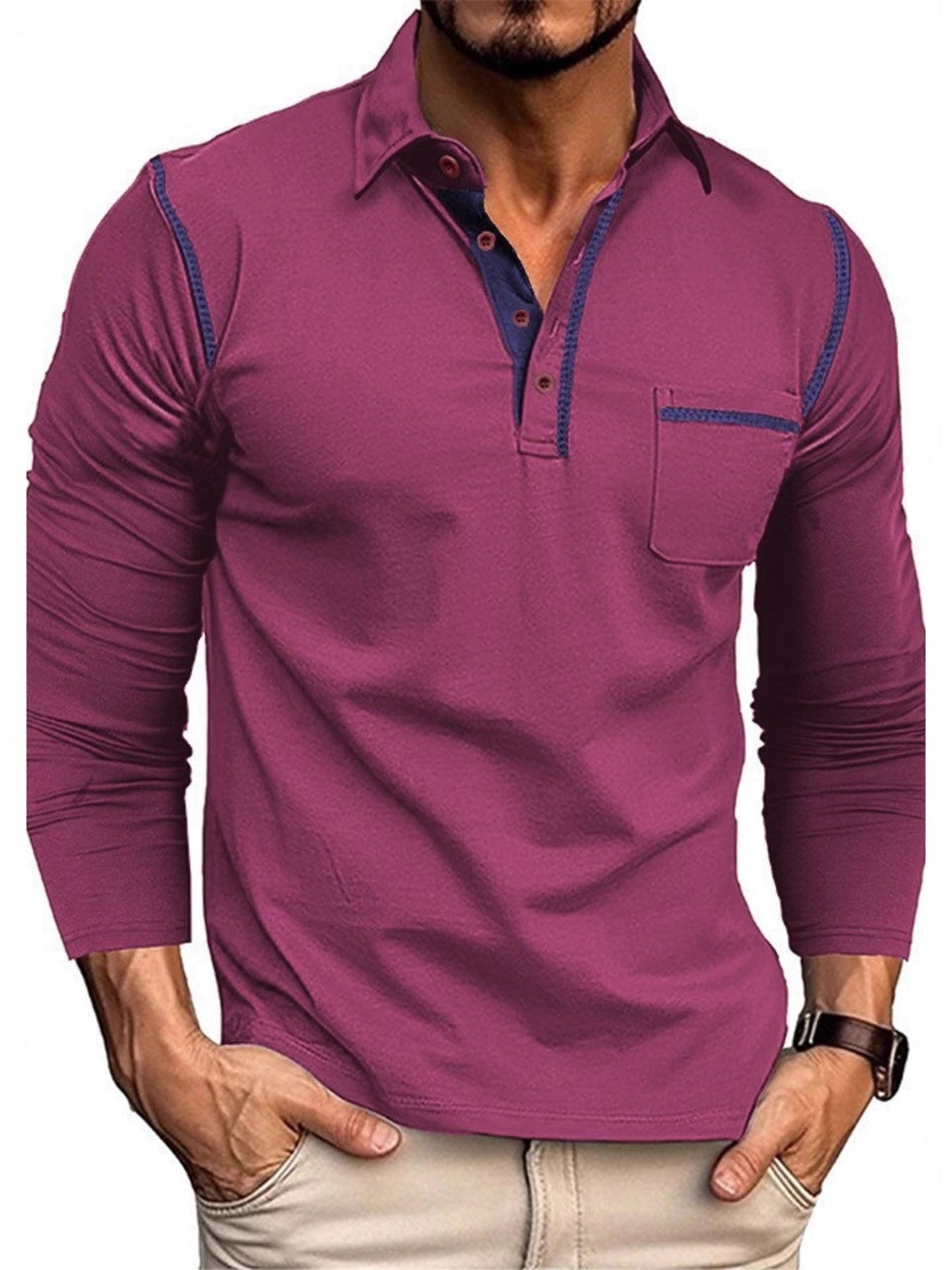 Men's full-size long sleeve casual polo in rose red by Trendsi, featuring a comfortable fit and classic collar design.