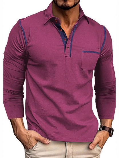 Men's full-size long sleeve casual polo in rose red by Trendsi, featuring a comfortable fit and classic collar design.