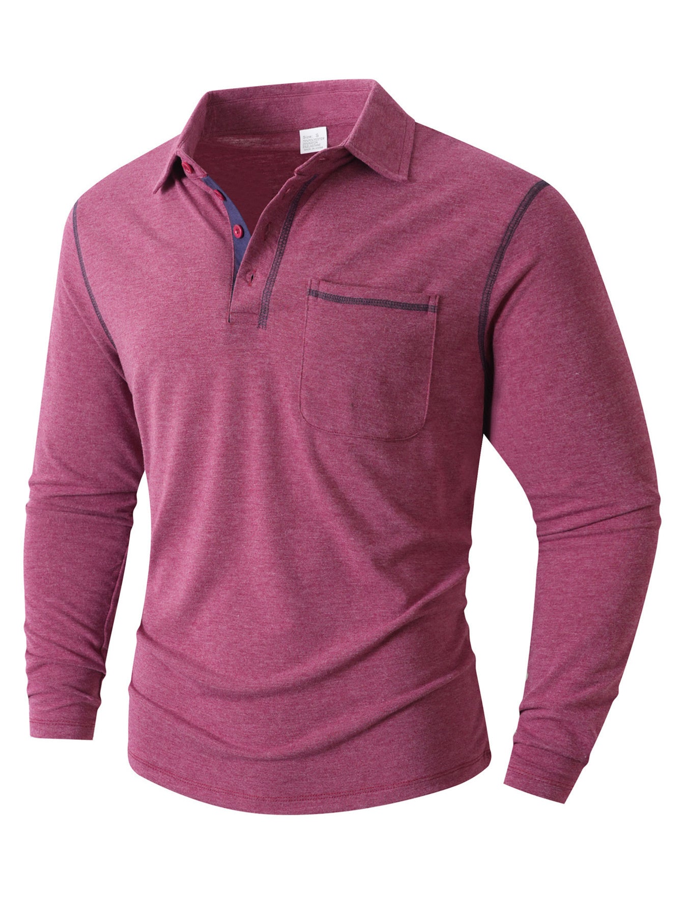 Men's rose red long sleeve casual polo shirt in plus size, by Trendsi, shown on a model.