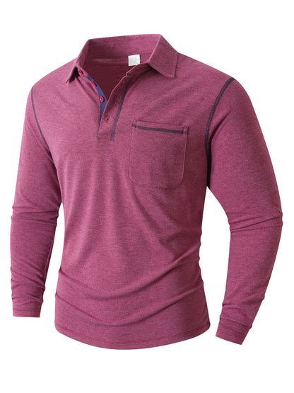 Men's rose red long sleeve casual polo shirt in plus size, by Trendsi, shown on a model.