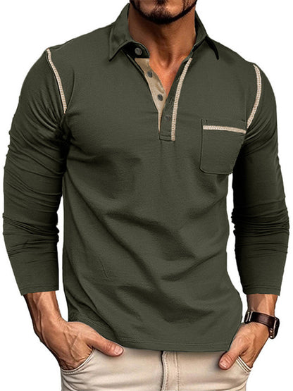 Rose red men's full-size long sleeve casual polo shirt by Trendsi, featuring a classic collar and comfortable fit.