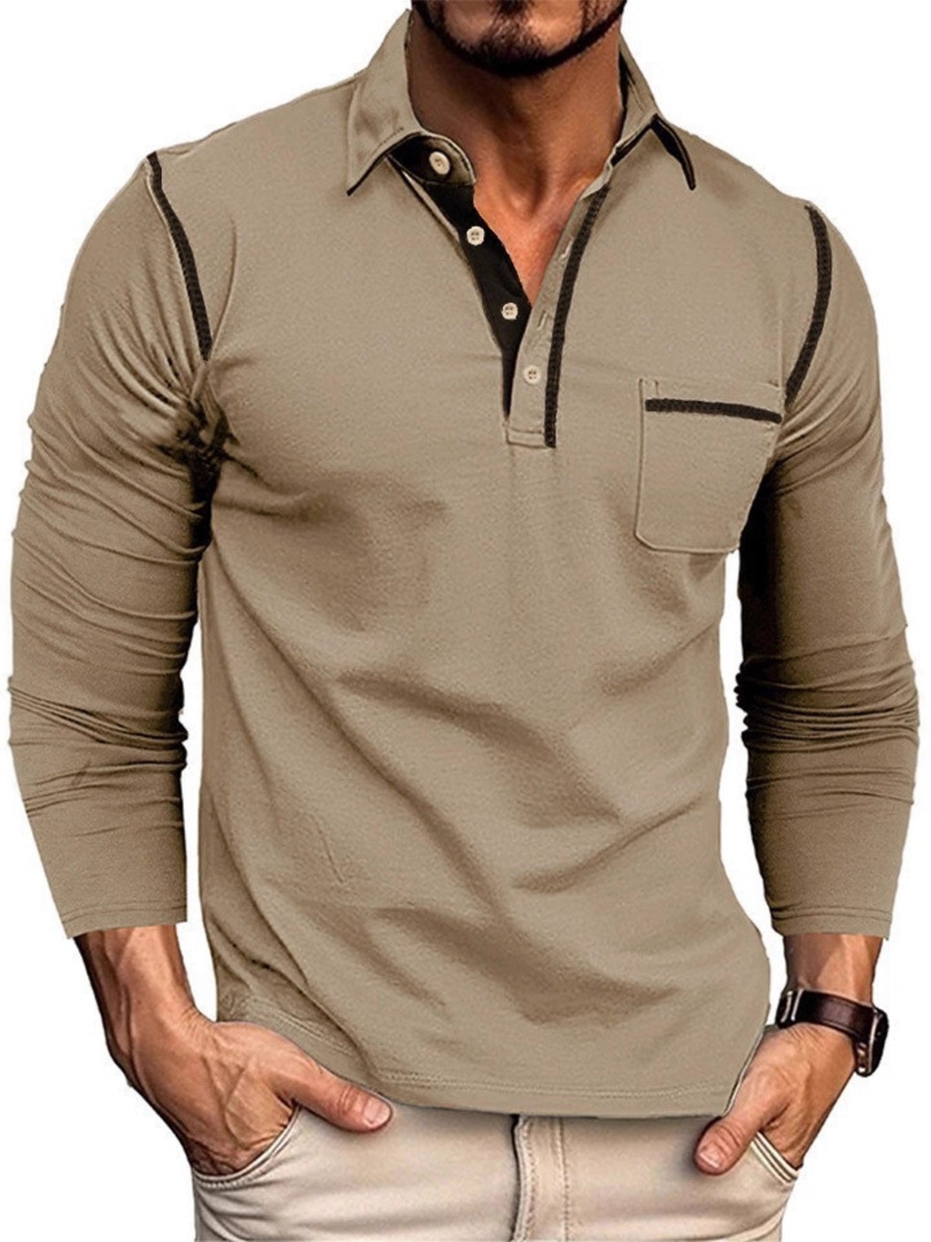 Men's rose-red full-size long sleeve casual polo shirt by Trendsi, featuring a classic collar and comfortable fit.