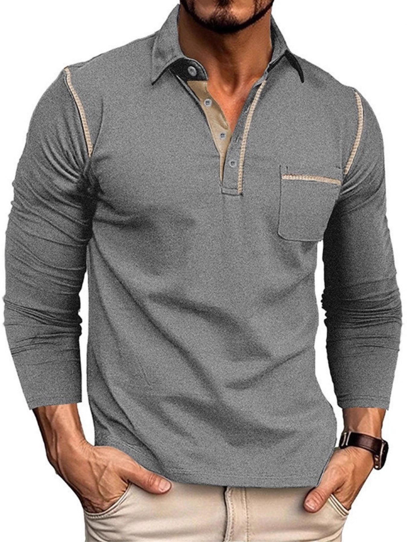Men's plus size long sleeve casual polo shirt in rose red by Trendsi, featuring a comfortable fit and classic design.