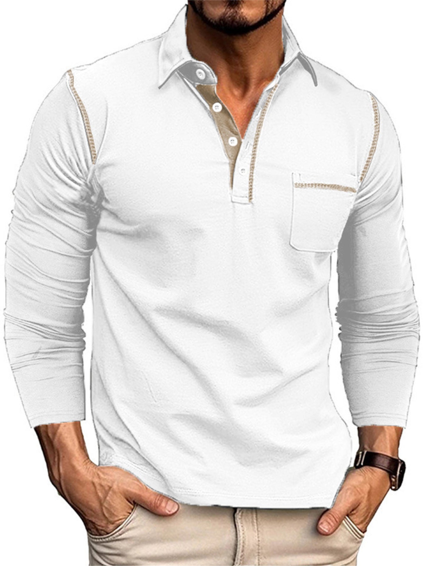 Men's full-size long sleeve casual polo in rose red by Trendsi, featuring a comfortable fit and classic collar design.