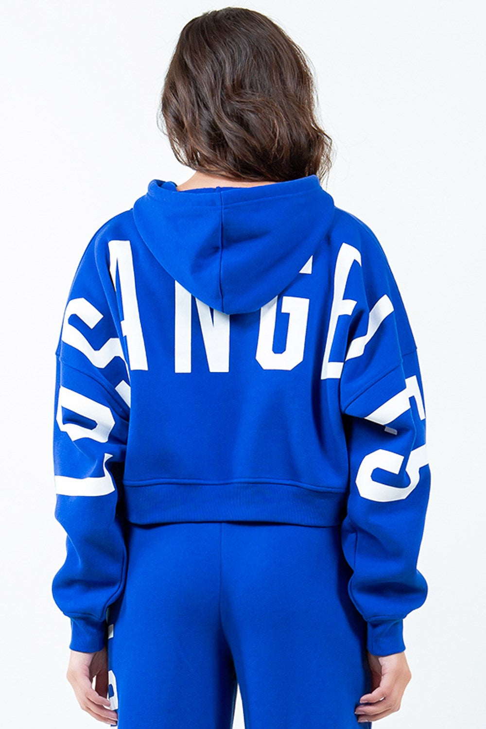 Royal blue cropped hoodie with letter graphic, trendy casual chic hoodie by Trendsi for effortless street style.