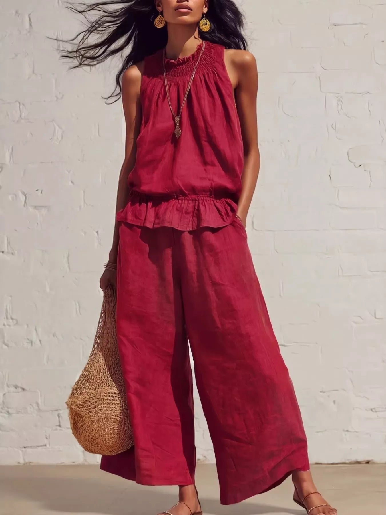 Smocked ruffled hem top and wide-leg pants set from Trendsi, featuring a stylish, coordinated outfit with ruffle details and comfortable fit.