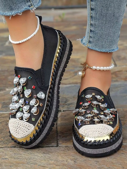 Rhinestone round toe platform loafers by Trendsi, shiny shoes with a sleek design and stylish rhinestone embellishments.