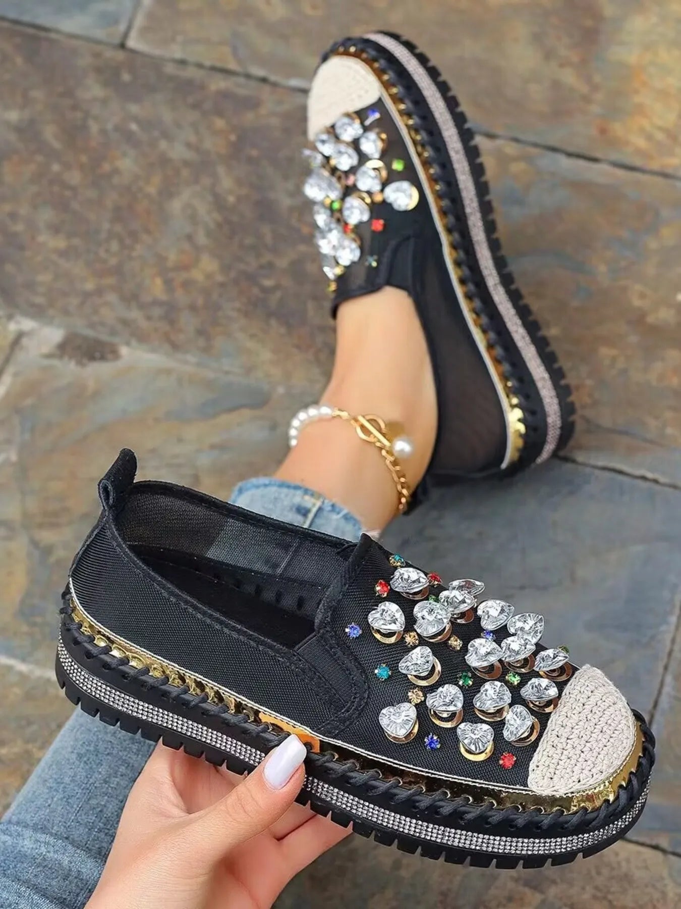 Rhinestone round toe platform loafers in black leather, trendy shoes with sparkling embellishments and chunky heel.