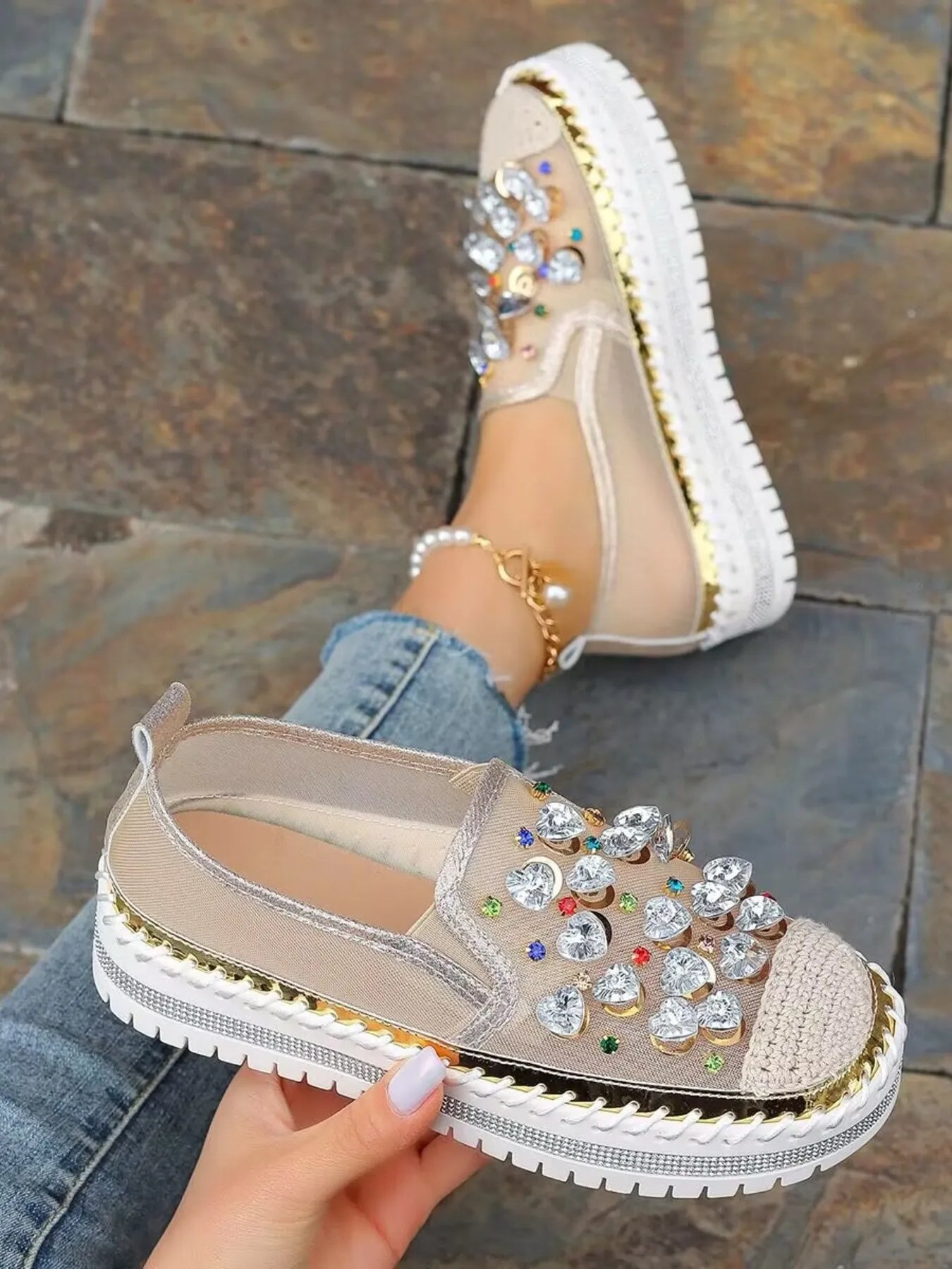 Rhinestone round toe platform loafers by Trendsi, stylish shoes with sparkling rhinestones and a chunky platform sole.