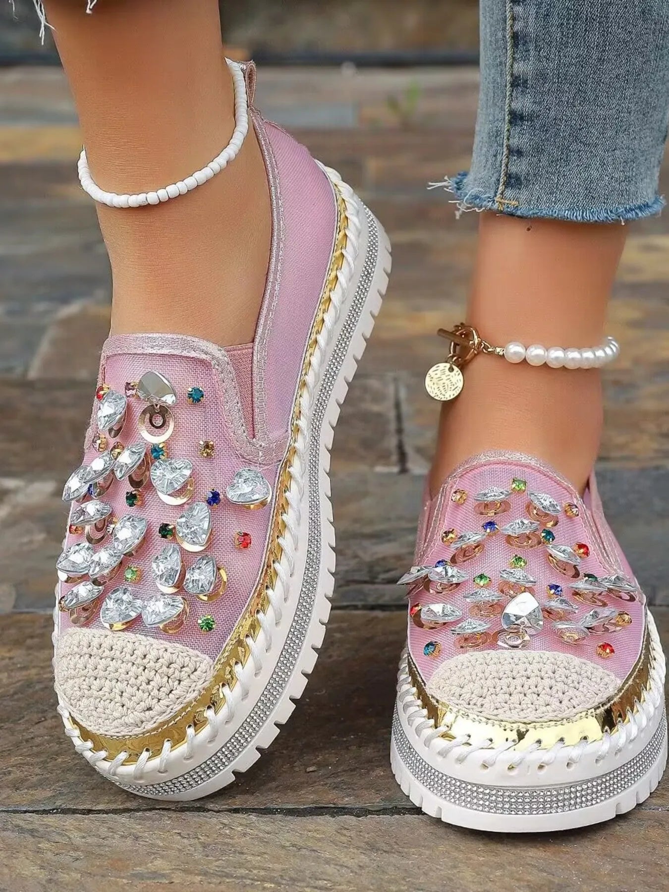 Rhinestone round toe platform loafers by Trendsi, stylish shoes with sparkling rhinestones and a chunky platform sole.
