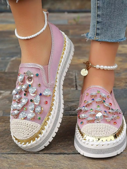 Rhinestone round toe platform loafers by Trendsi, stylish shoes with sparkling rhinestones and a chunky platform sole.