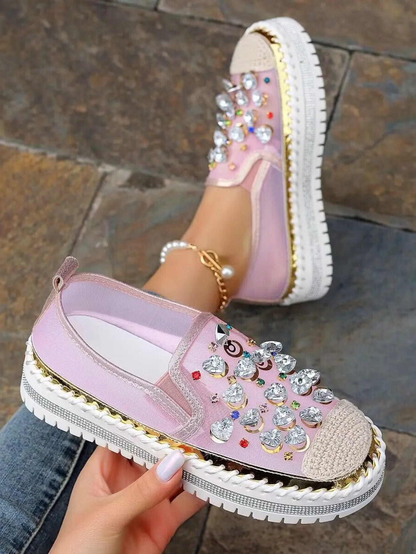 Rhinestone round toe platform loafers in black with sparkling rhinestones, stylish shoes from Trendsi.