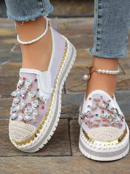 Rhinestone round toe platform loafers from Trendsi, stylish shoes with sparkling embellishments and chunky soles.