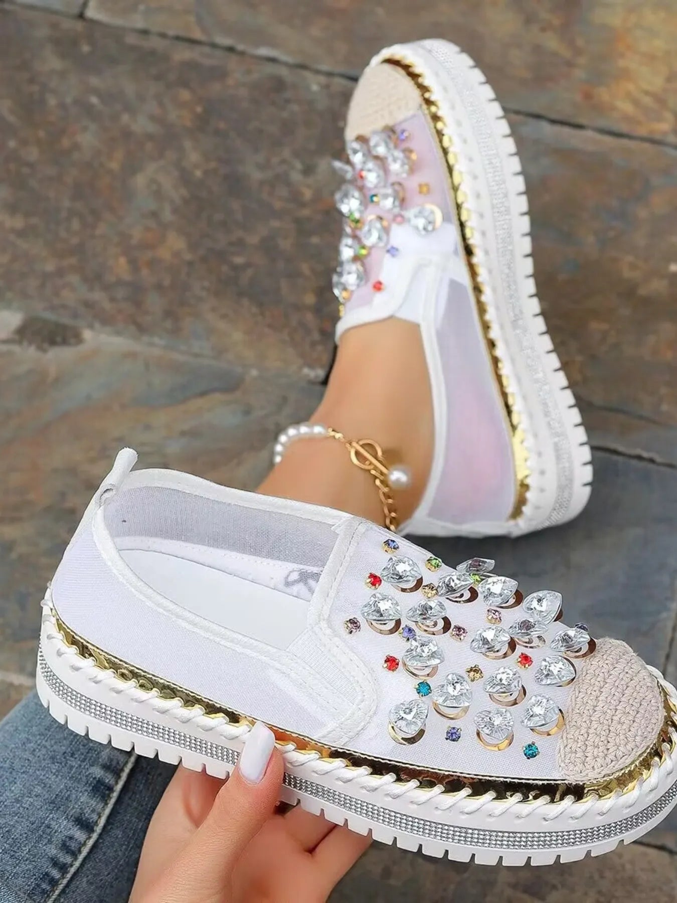 Rhinestone round toe platform loafers with trendy design, featuring sparkling rhinestones and a comfortable shoe style.