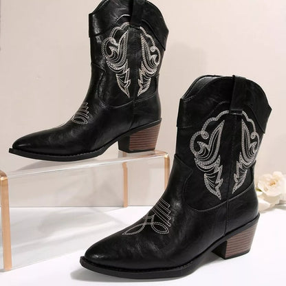 Black Western cowboy boots with embroidered design, trendy shoes by Trendsi, showcasing detailed stitching and classic Western style.