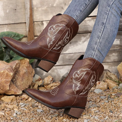 Black Western cowboy boots with embroidered design, trendy shoes by Trendsi, showcasing detailed stitching and classic western style.