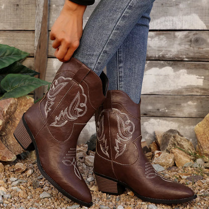 Black Western cowboy boots with embroidered design from Trendsi, featuring classic Western shoe style and intricate embroidery details.
