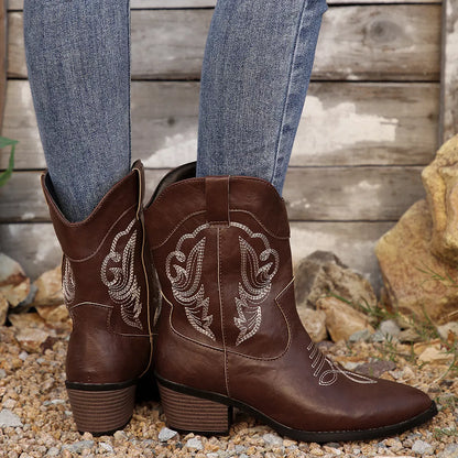 Black Western cowboy boots with embroidered design, trendy shoes by Trendsi, featuring classic Western style and detailed stitching.