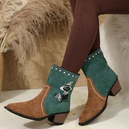 Black Trendsi Western cowboy boots with intricate embroidered design, stylish shoes featuring pointed toes and stacked heels.